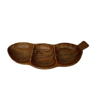Vintage Wood 3 Section Divided Serving Snack Tray Dish Pea Pod Shape Monkey Pod